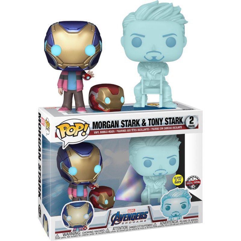 Funko Pop! Marvel Avengers Endgame : Hologram Tony Stark & Morgan w/ Helmet Glow in the dark 2-Pack Special Edition