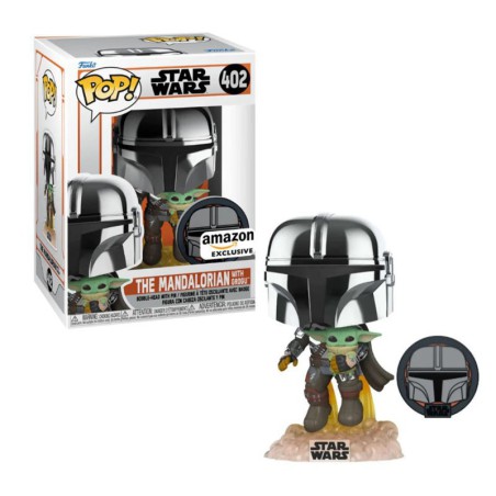 Funko Pop! Star Wars The Mandalorian with Grogu (with pin) Chrome Amazon Exclusive 402